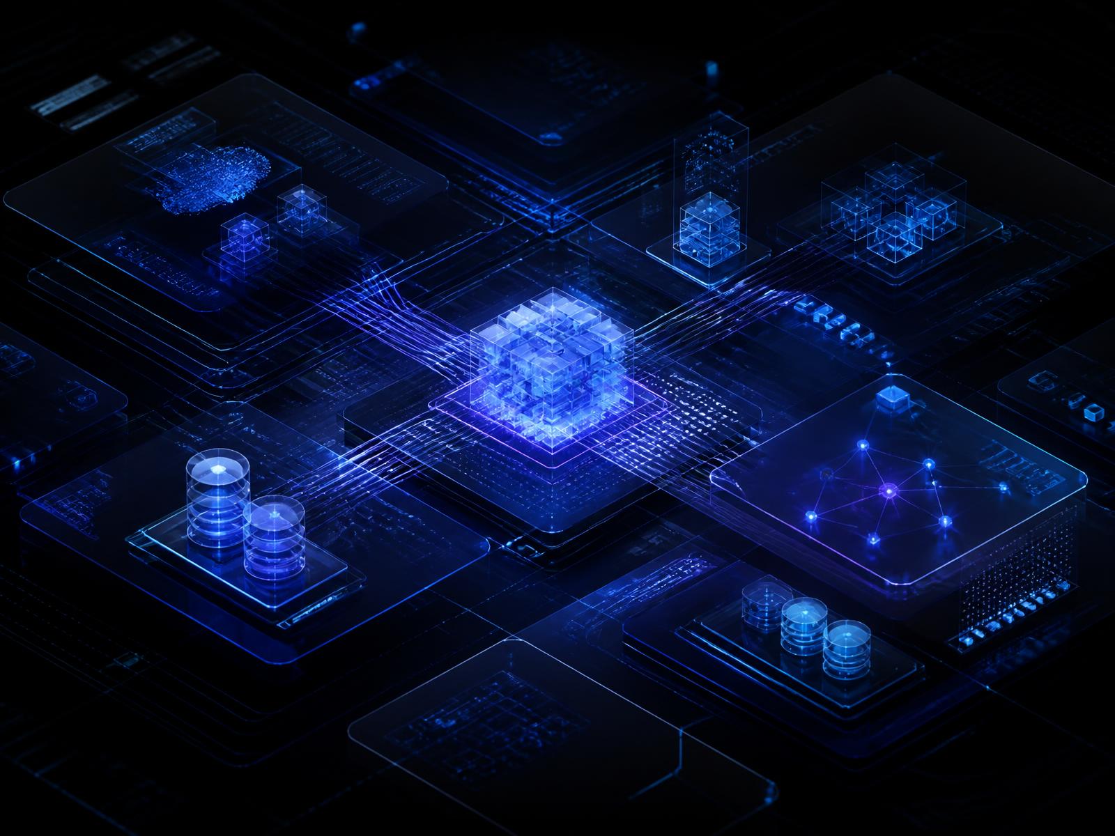 Abstract visualization of AI agents, workflows, APIs and databases connected as one deployed system
